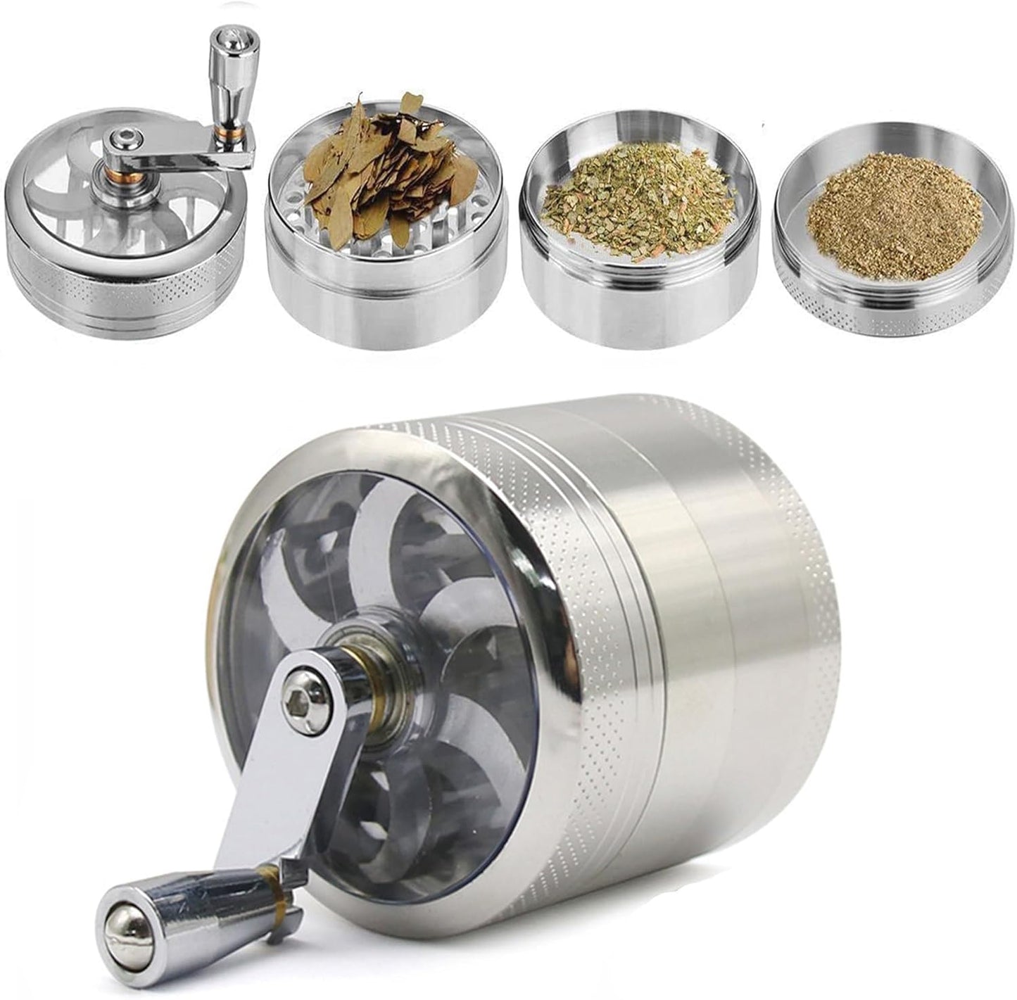 Kribee Grinder Crusher, 4-Layer Pollen Scraper Grinder with Hand Crank, Zinc Alloy Shredder for Dried Spices, Herbs, Ø55mm Mini-Scraper Clear Top Abrader Spices Grind Manual Muller (Silver)