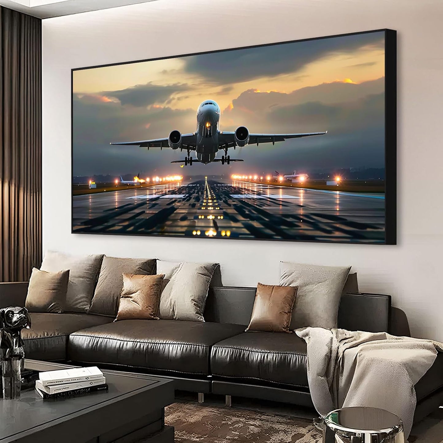 JiffPom Airplane Canvas Wall Art, Taking Off, Aircraft, Aviation, Airport, Airplane Pictures, Home Office Decor, Pilot Gift (Black Frame, 39"x19" | 100x50cm)