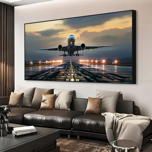 JiffPom Airplane Canvas Wall Art, Taking Off, Aircraft, Aviation, Airport, Airplane Pictures, Home Office Decor, Pilot Gift (Black Frame, 39"x19" | 100x50cm)