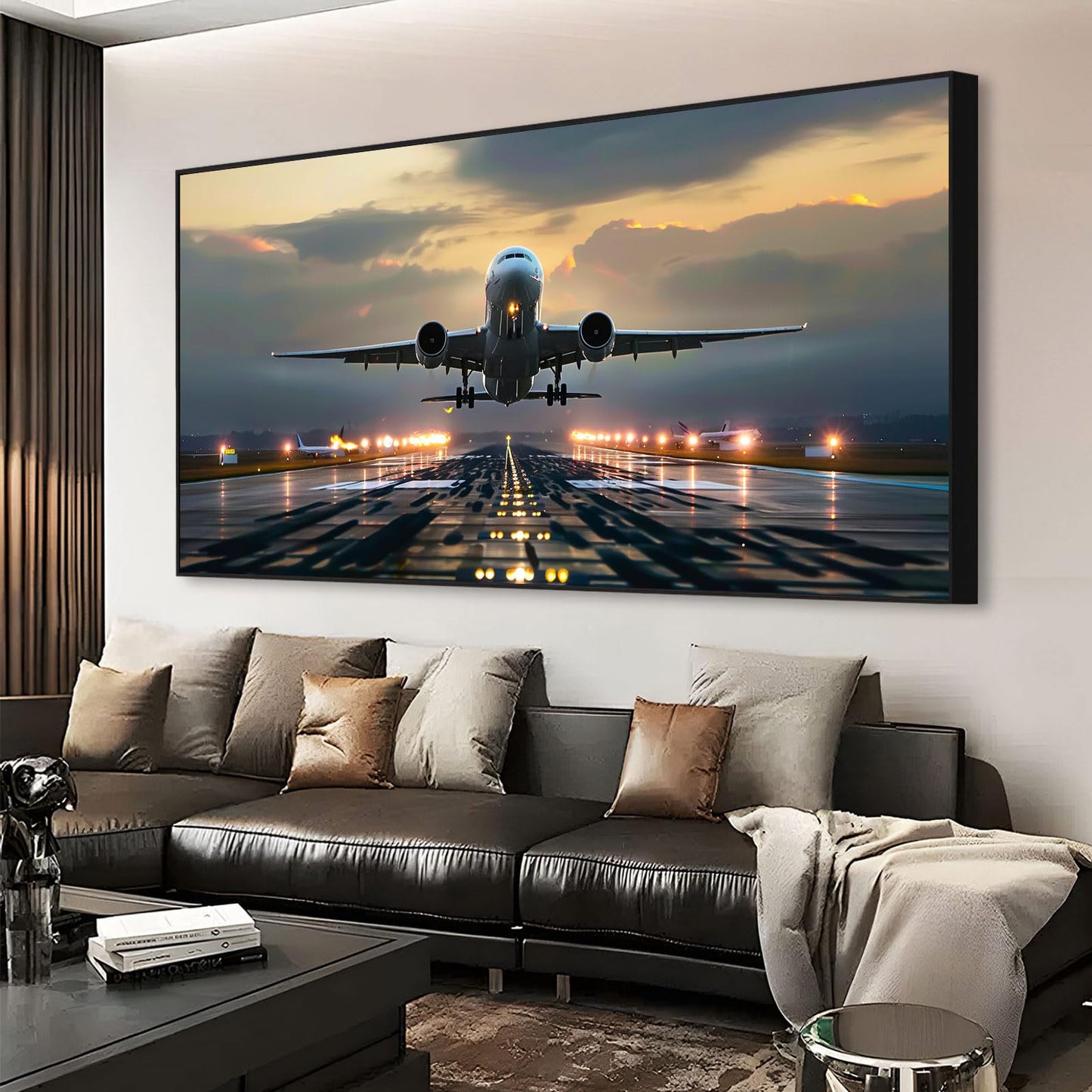 JiffPom Airplane Canvas Wall Art, Taking Off, Aircraft, Aviation, Airport, Airplane Pictures, Home Office Decor, Pilot Gift (Black Frame, 39"x19" | 100x50cm)