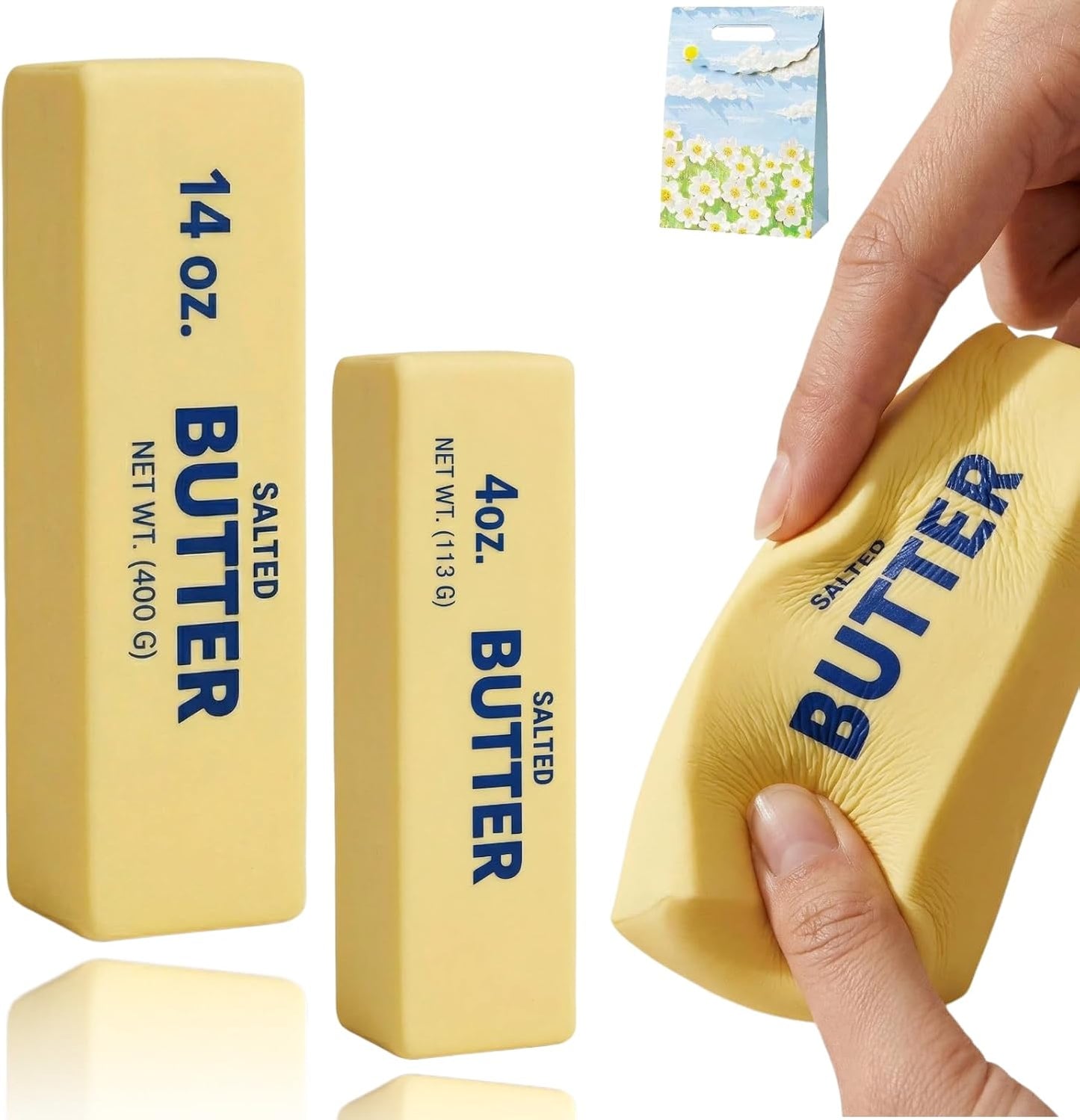 Kribee 14oz Big Butter Squishy, Giant Realistic Butter Squeeze Toys & Mini Squeezy Butter Set, Soft Slow Rising Stress Relief Fidget Toy for Stress Relief Anxiety Sensory Gifts (Yellow 2pcs,4+14oz)
