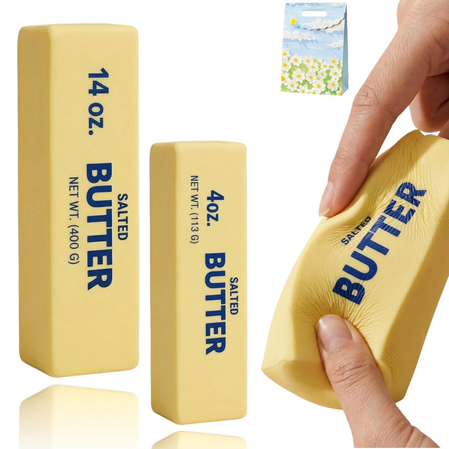 Kribee 14oz Big Butter Squishy, Giant Realistic Butter Squeeze Toys & Mini Squeezy Butter Set, Soft Slow Rising Stress Relief Fidget Toy for Stress Relief Anxiety Sensory Gifts (Yellow 2pcs,14oz)