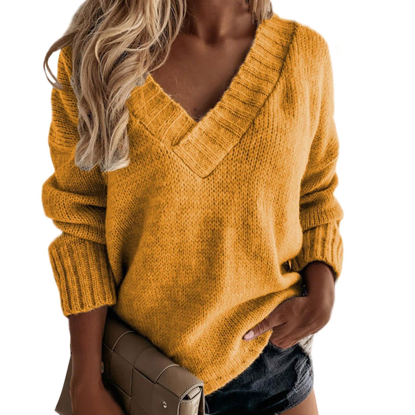 GYMTSL Women's Winter Sweater 2025 Fall Casual Timeless Long Sleeve Solid V Neck Chunky Sweater Pull Over Tops