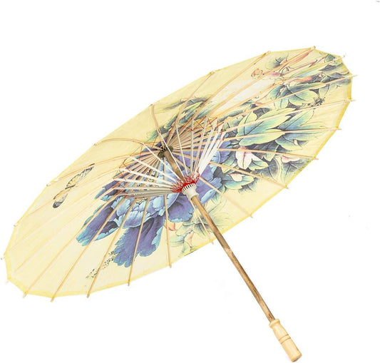 JiffPom Rainproof Handmade Chinese Oiled Paper Umbrella Parasol 33" Peony and Butterfly, Yellow