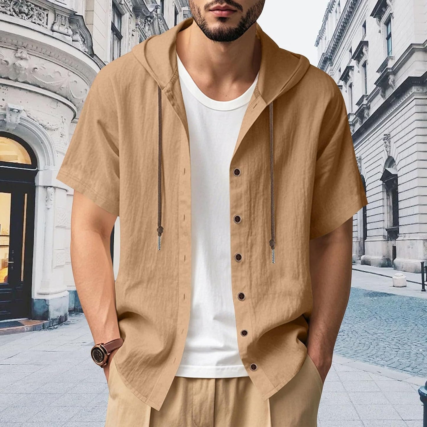 JiffPom Mens Shirts Solid Color Linen Short Sleeve Casual Loose Fit Button Down Shirts with Hoodies Summer Beach Tops