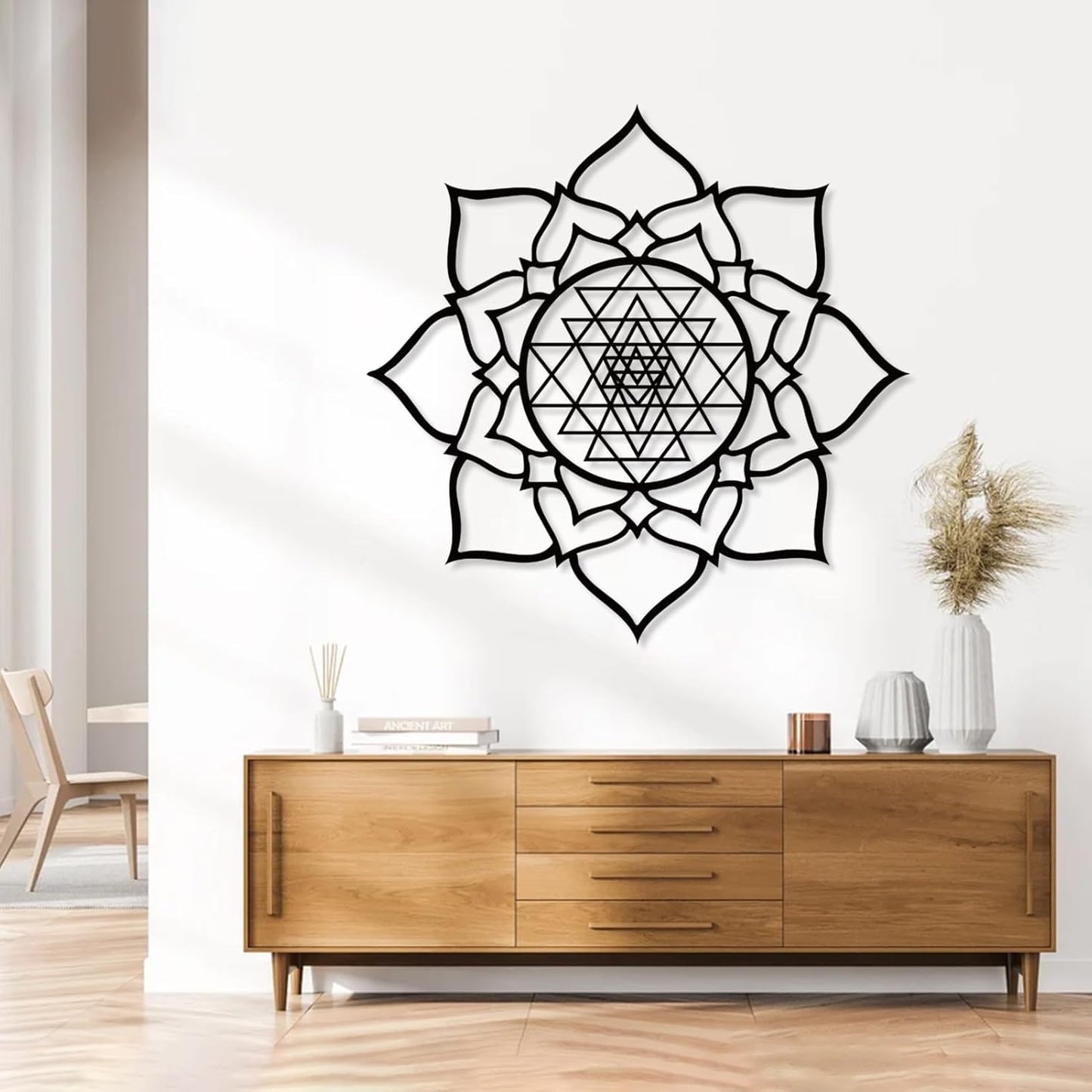 JiffPom Metal Wall Decor, Sacred Geometry Wall Art, Sri Yantra Metal Wall Art, Lotus Wall Decor Metal, Mindfulness Metal Art, Meditation Wall Art, Spiritual Wall Decor, Living Room Wall Decor (39"x39" | 100x100cm, White)