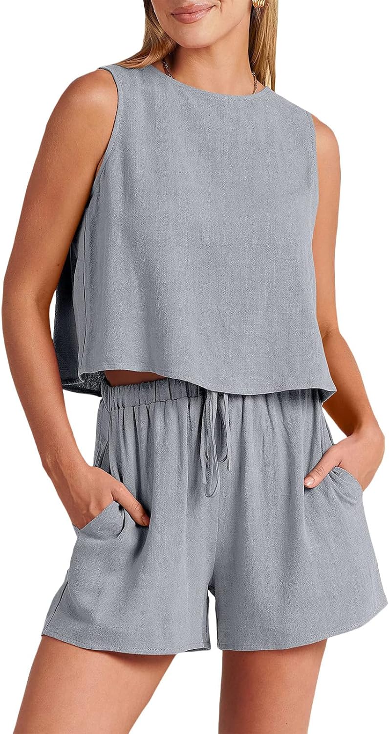 Bejirog Women's Summer 2 Piece Short Sets, Sleeveless Crop Tank Top & High Waist Drawstring Shorts Lounge Outfits for Women