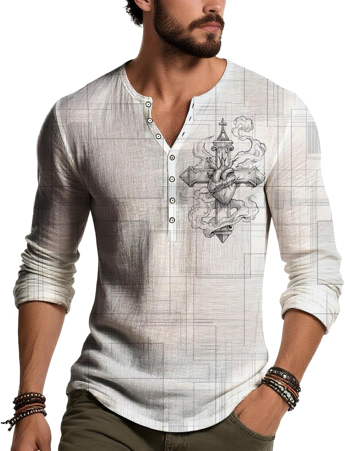 JiffPom Distressed Henley Tshirts for Men Pullover Long Sleeve Button Up T-Shirts Vintage Graphic Tees Washed Streetwear Tops