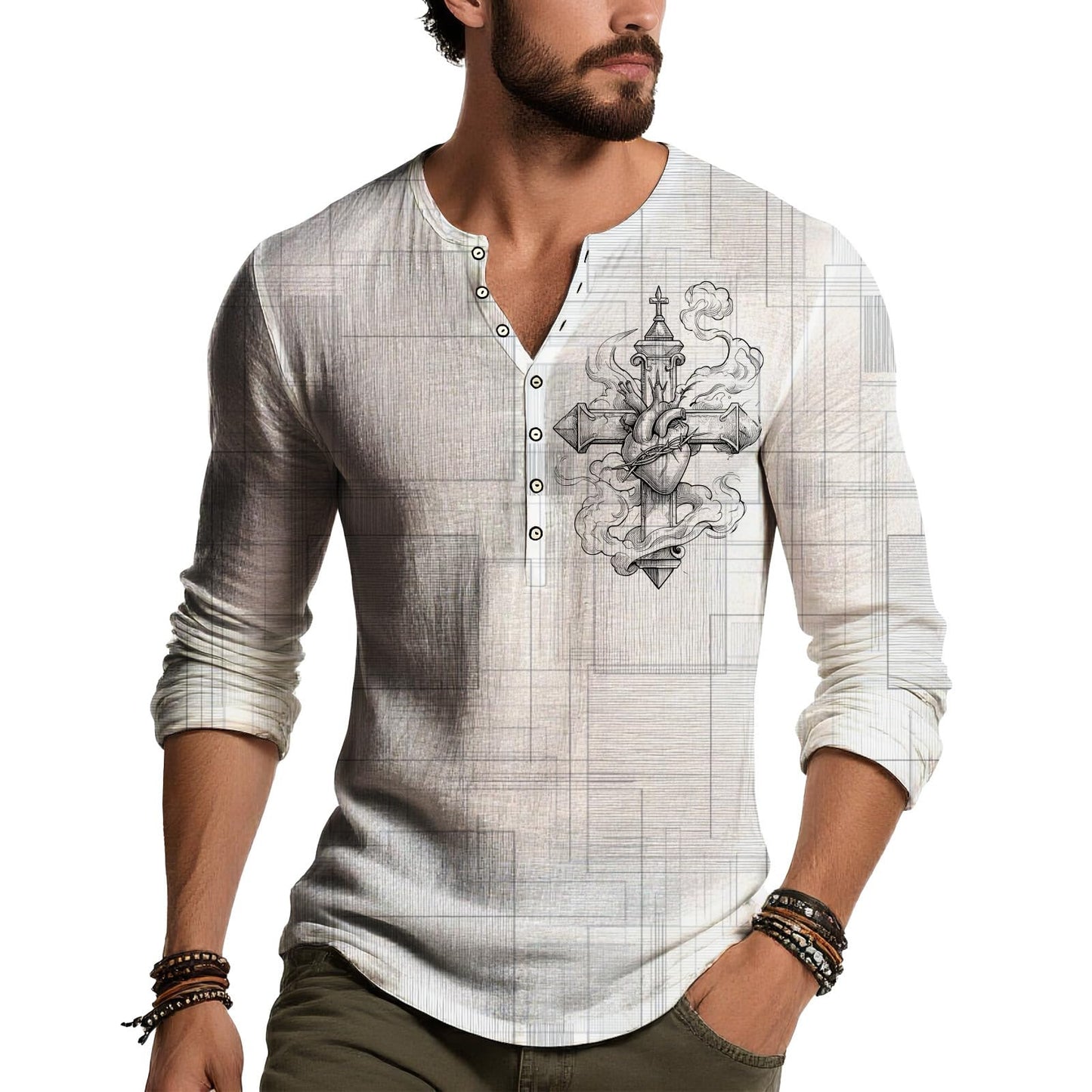 JiffPom Distressed Henley Tshirts for Men Pullover Long Sleeve Button Up T-Shirts Vintage Graphic Tees Washed Streetwear Tops