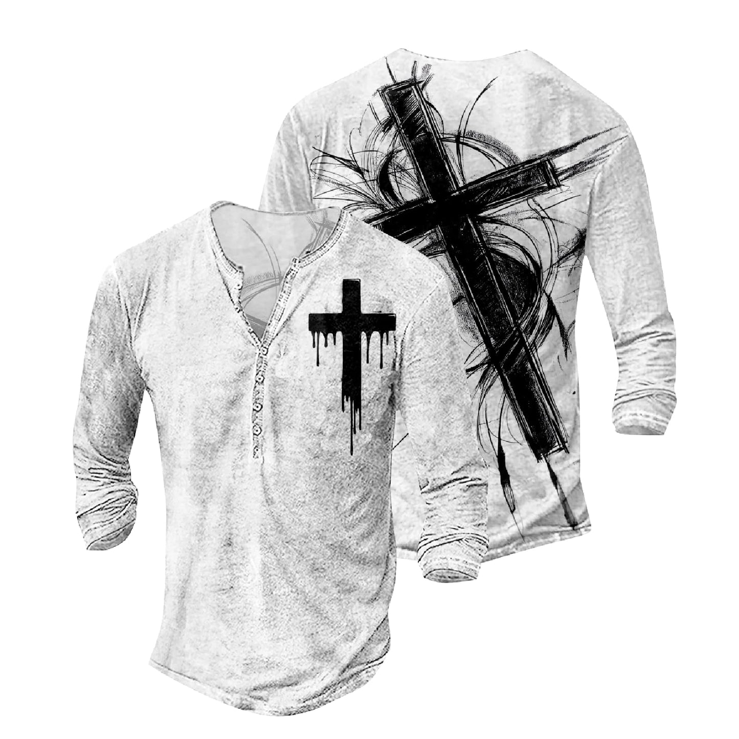 JiffPom Mens Christian Faith Long Sleeves Silky Henley Shirt Cool Jesus Cross Print Casual Button Down Polo Shirts