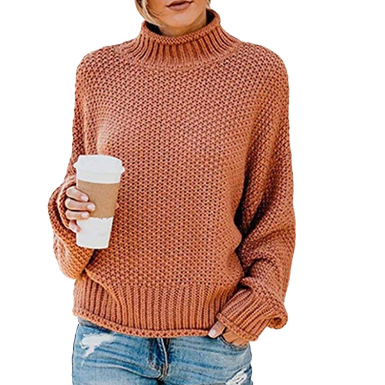 WAZZAP Women Sweater for Autumn Winter Casual Trendy Lightweight Tops Long Cuffed Sleeve Mock Neck Sweater