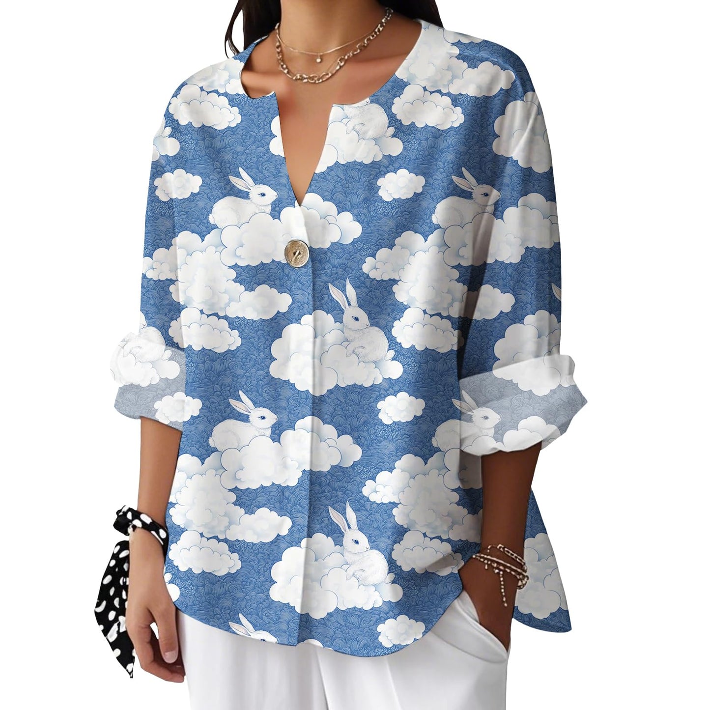 Reigee Hawaiian Shirts for Women 3/4 Sleeve Linen Shirts Floral Print Button V Neck Casual Loose Summer Graphic Tops Blouse