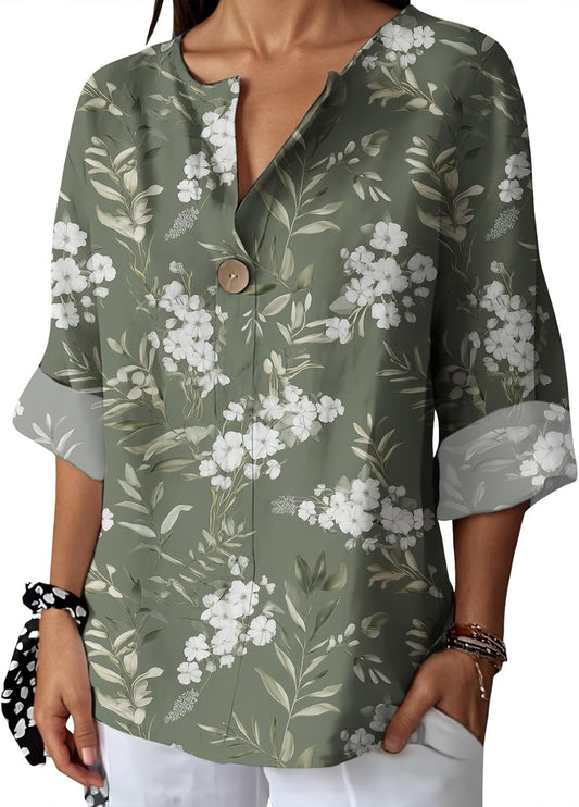 Befox Womens Spring Tops Business Vintage 3/4 Sleeve Boho Button Tunic Linen Blend Floral Printed V-Neck Summer T Shirts