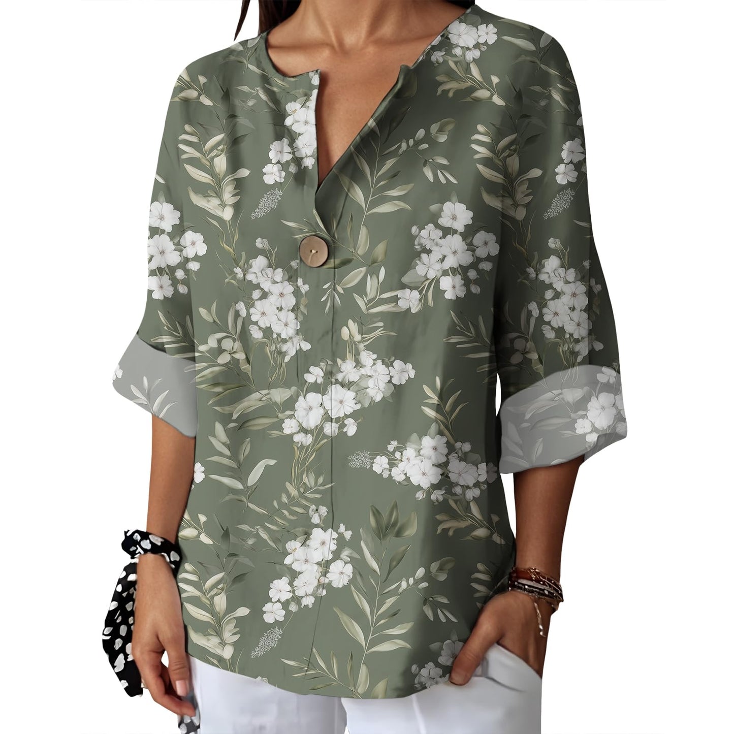 Befox Womens Spring Tops Business Vintage 3/4 Sleeve Boho Button Tunic Linen Blend Floral Printed V-Neck Summer T Shirts