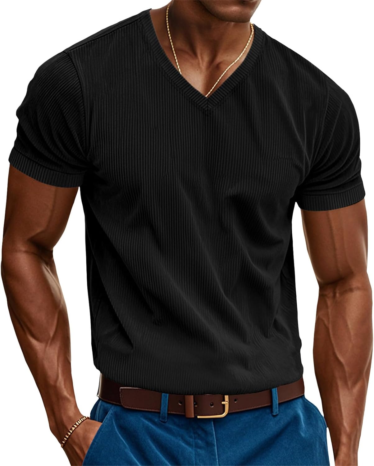 GYMDOG Slim Fit T Shirts for Men 2025 Spring V Neck Short Sleeve Ribbed Knit Corduroy Shirts Solid Casual Business Tops