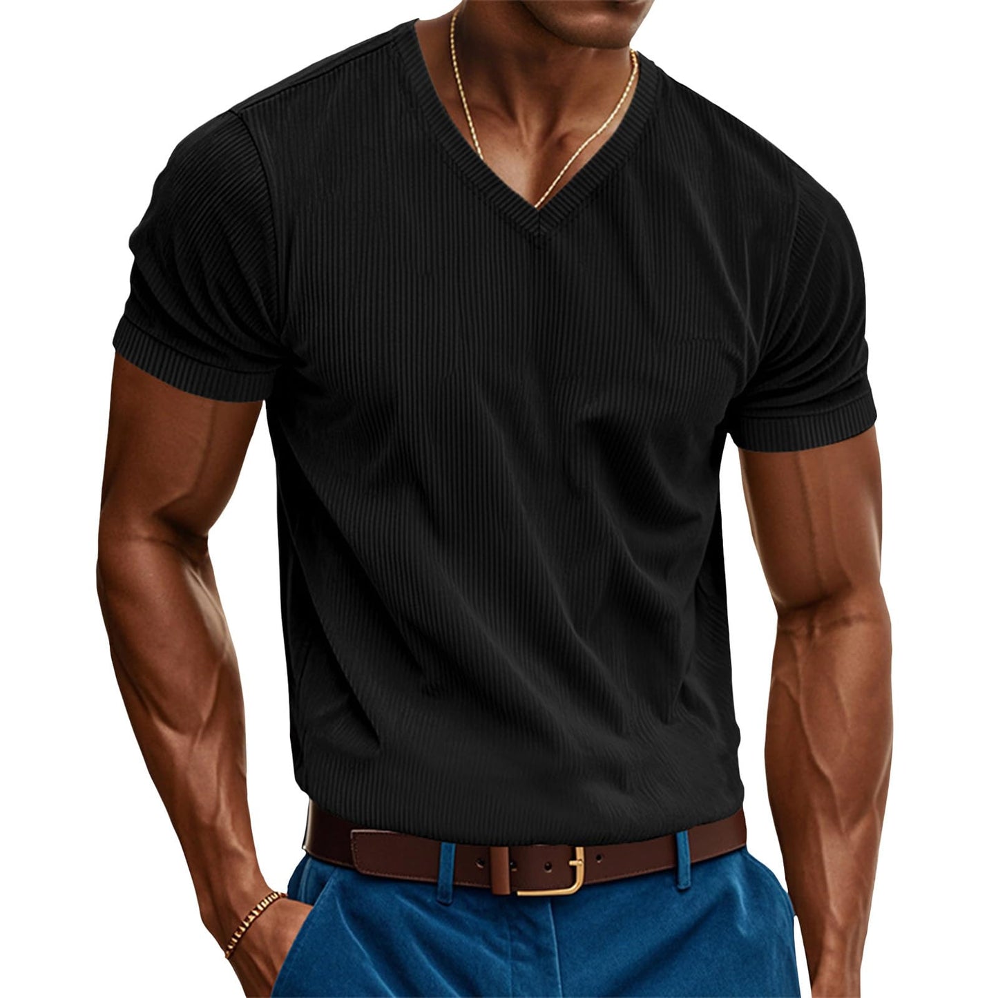 GYMDOG Slim Fit T Shirts for Men 2025 Spring V Neck Short Sleeve Ribbed Knit Corduroy Shirts Solid Casual Business Tops