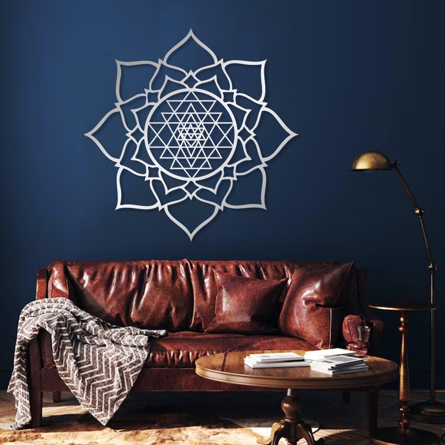 JiffPom Metal Wall Decor, Sacred Geometry Wall Art, Sri Yantra Metal Wall Art, Lotus Wall Decor Metal, Mindfulness Metal Art, Meditation Wall Art, Spiritual Wall Decor, Living Room Wall Decor (39"x39" | 100x100cm, White)