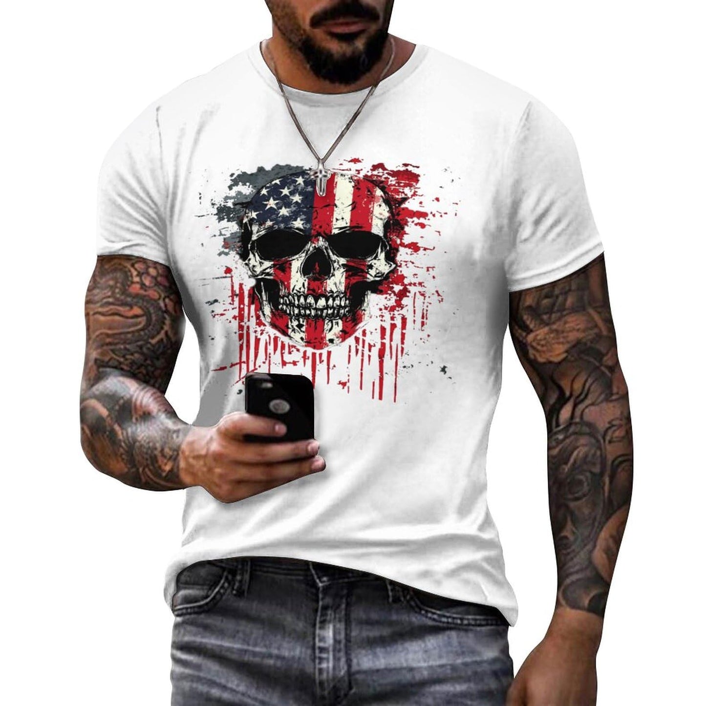 NAVARCH American Flag Shirt for Men Short Sleeve Crewneck Casual Stylish Summer Shirts Graphic Skull Print T-Shirt Tops