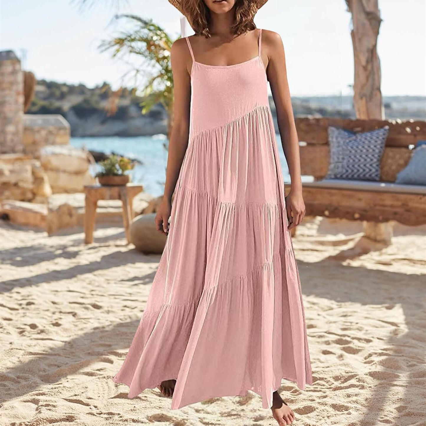 Bejirog Summer Spaghetti Strap Maxi Dress for Women, Tiered Ruffle Vacation Beach Square Neck Long Flowy Cami Sun Dress