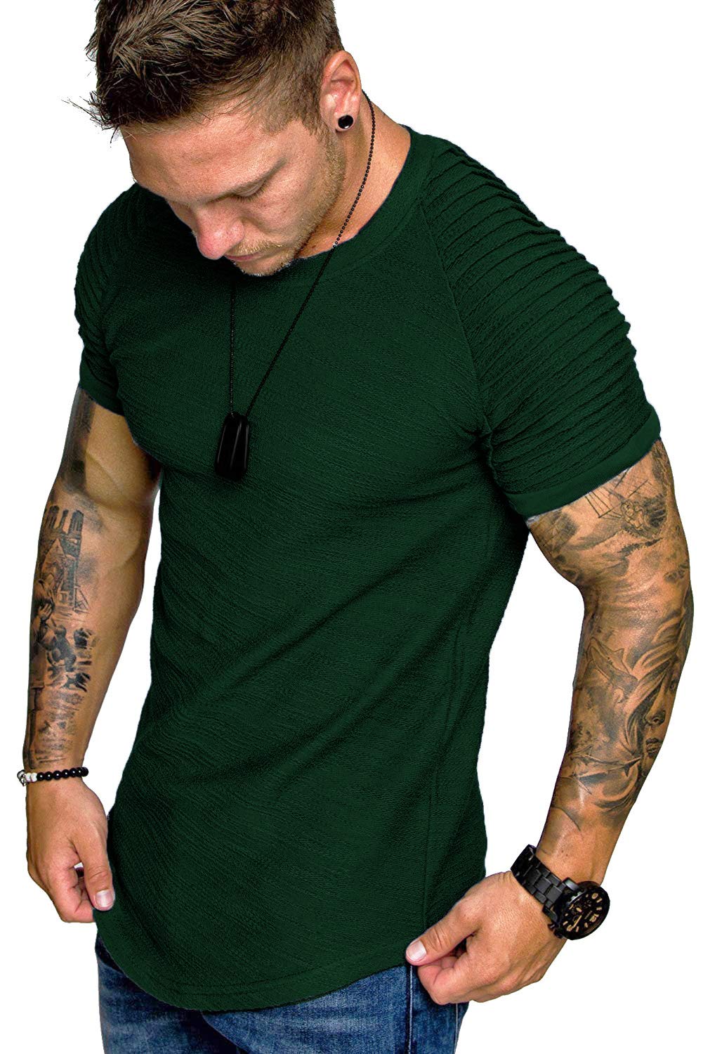 TOFOX Men's Muscle T-Shirt Pleated Raglan Sleeve Bodybuilding Gym Tee Short Sleeve Fashion Workout Shirts Hipster Shirt