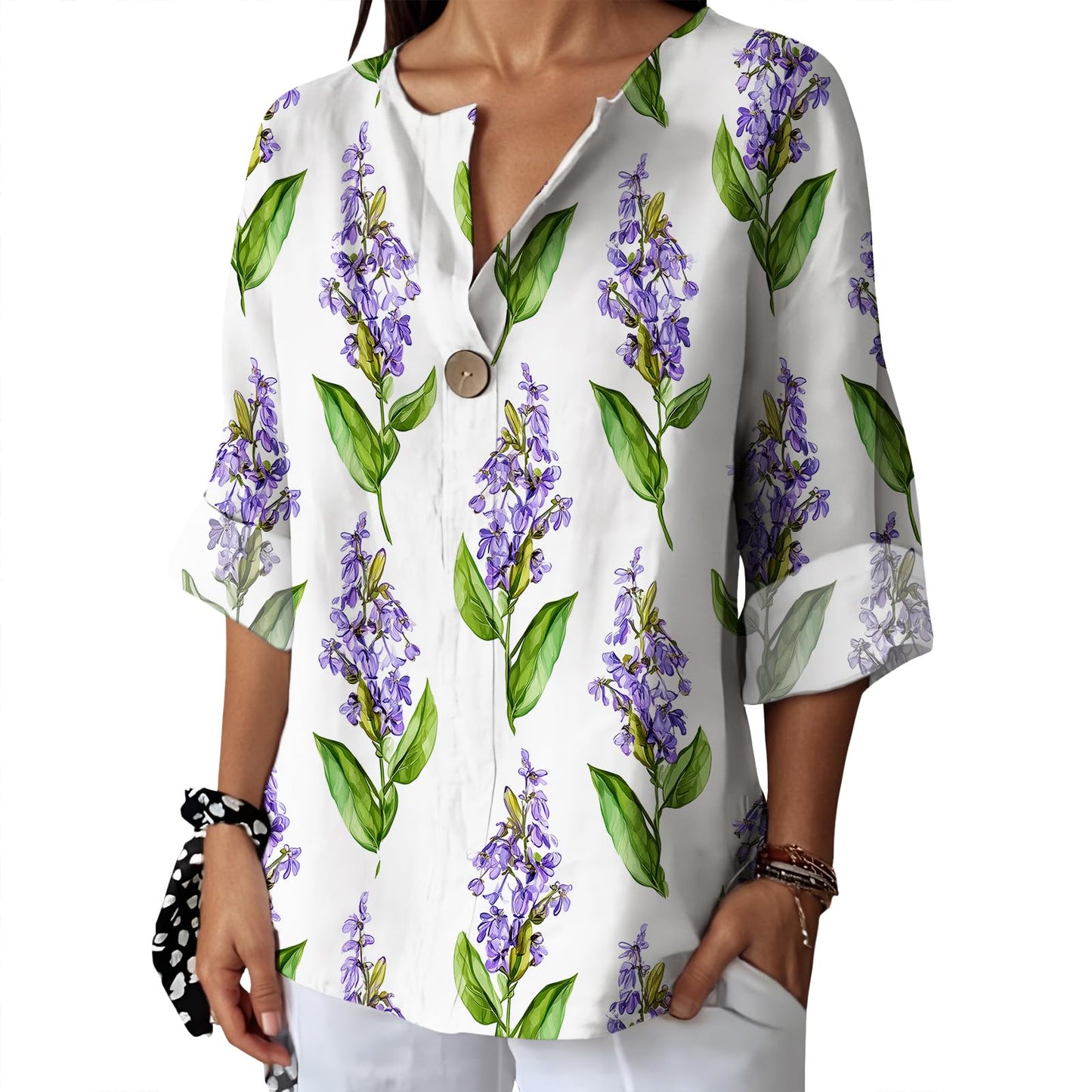 Befox Womens Spring Tops Business Vintage 3/4 Sleeve Boho Button Tunic Linen Blend Floral Printed V-Neck Summer T Shirts