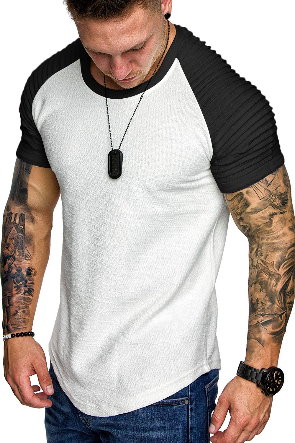 TOFOX Men's Muscle T-Shirt Pleated Raglan Sleeve Bodybuilding Gym Tee Short Sleeve Fashion Workout Shirts Hipster Shirt