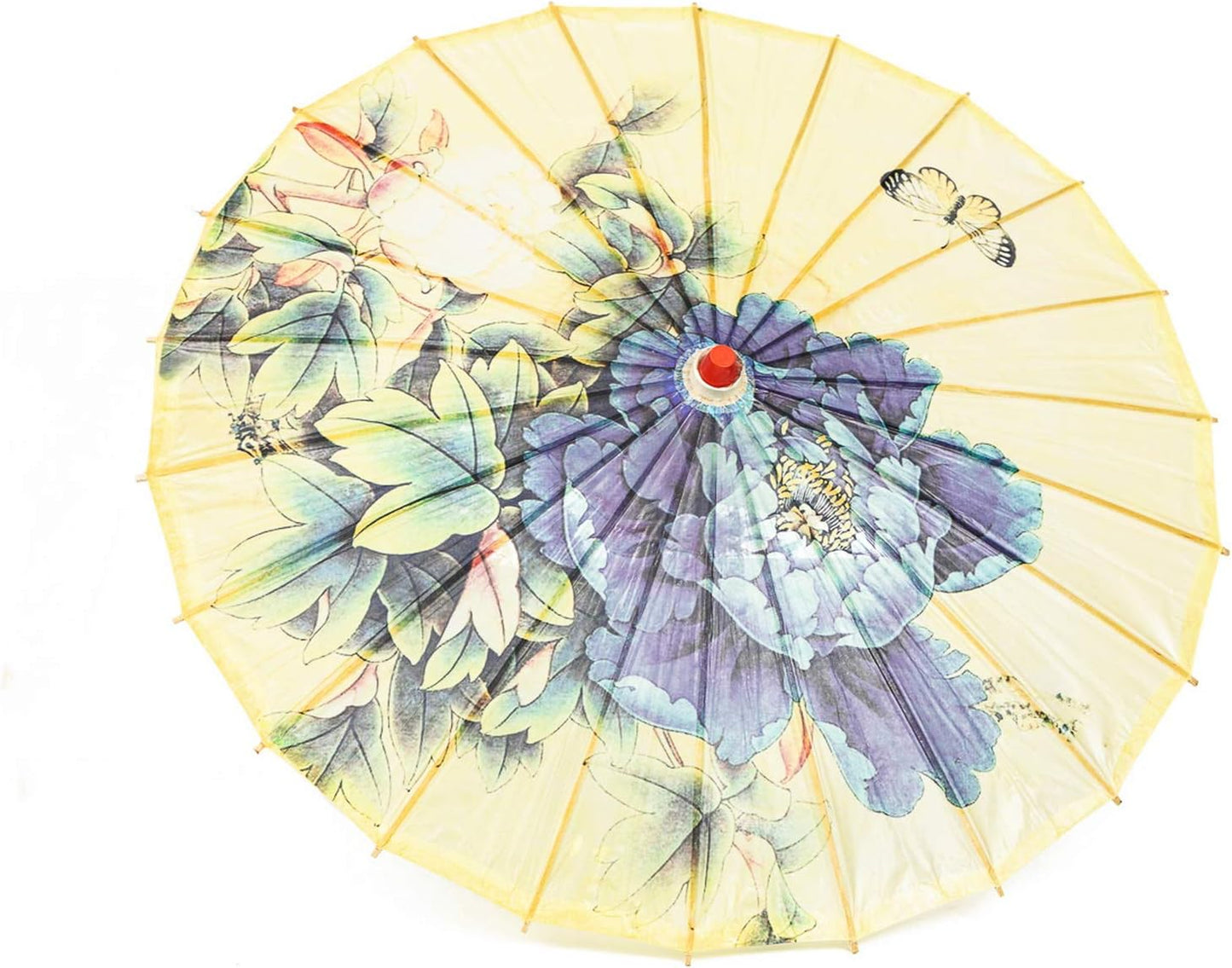JiffPom Rainproof Handmade Chinese Oiled Paper Umbrella Parasol 33" Peony and Butterfly, Yellow