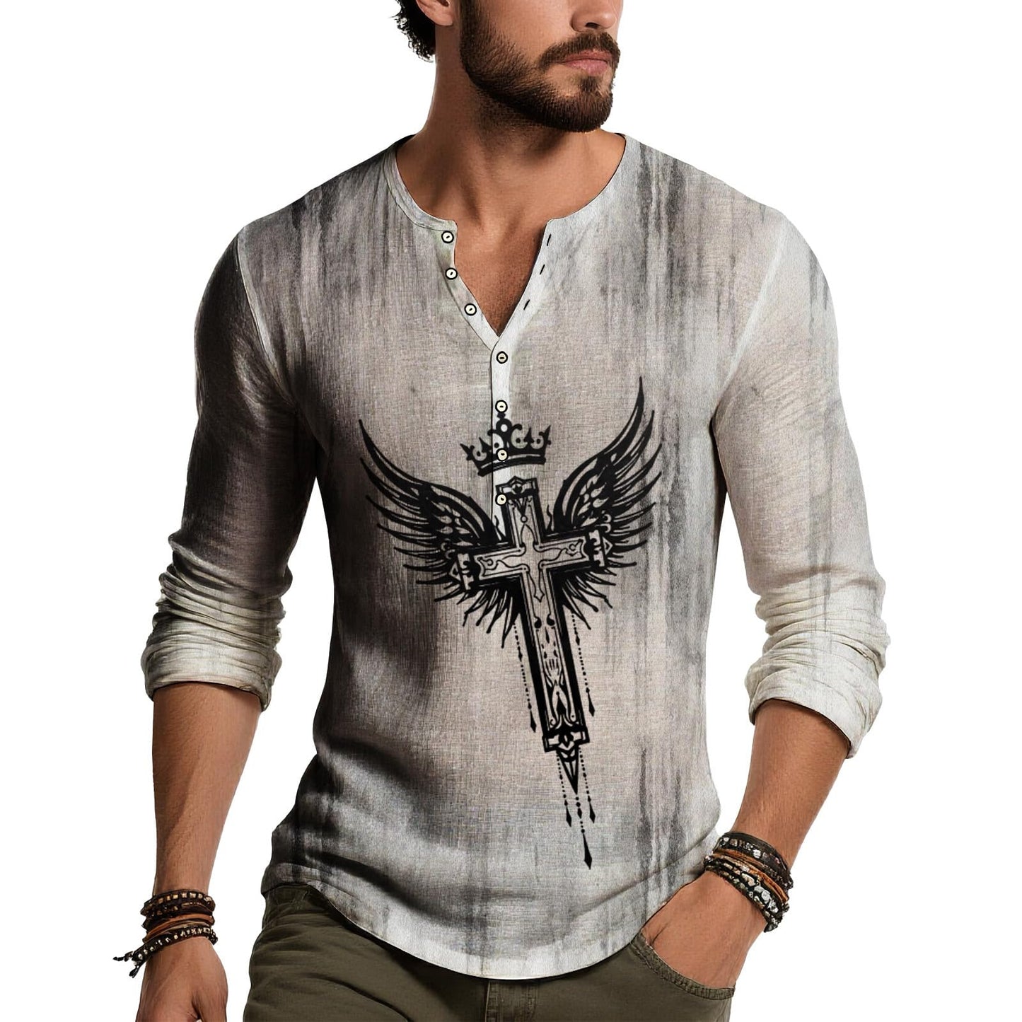 JiffPom Distressed Henley Tshirts for Men Pullover Long Sleeve Button Up T-Shirts Vintage Graphic Tees Washed Streetwear Tops