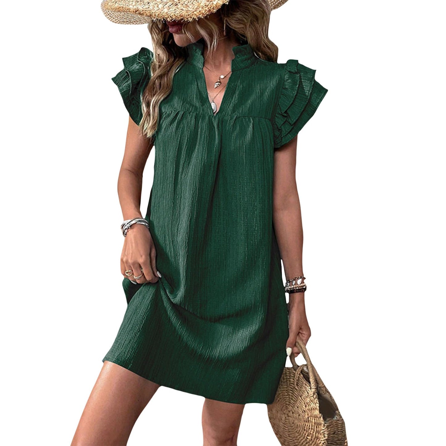 Gymrex Ruffle Sleeve Dress for Women V Neck Summer Casual Ruffle Short Sleeve A Line Mini Women Straight Dresses