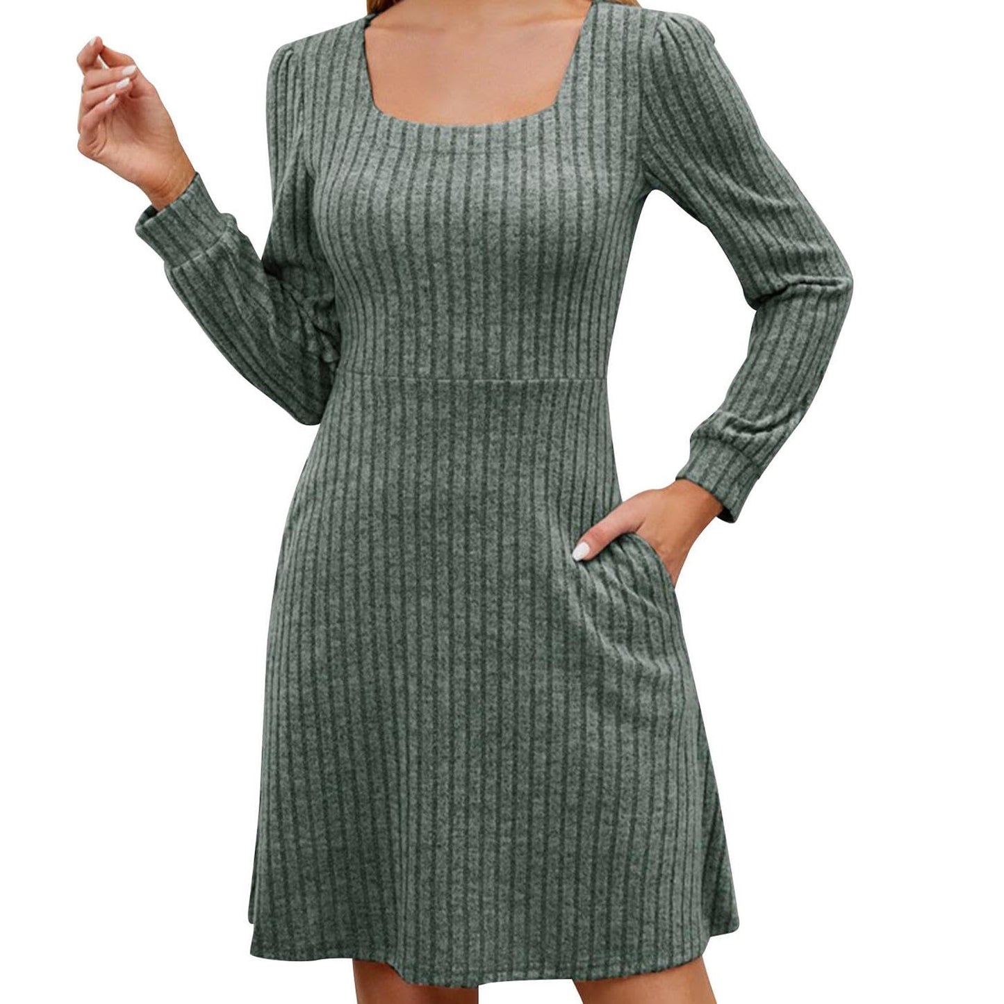 GYMDOG Women Dress for Summer Spring with Square Neck Casual Midi Polyester Skirt Solid Stripes Classic Dresses