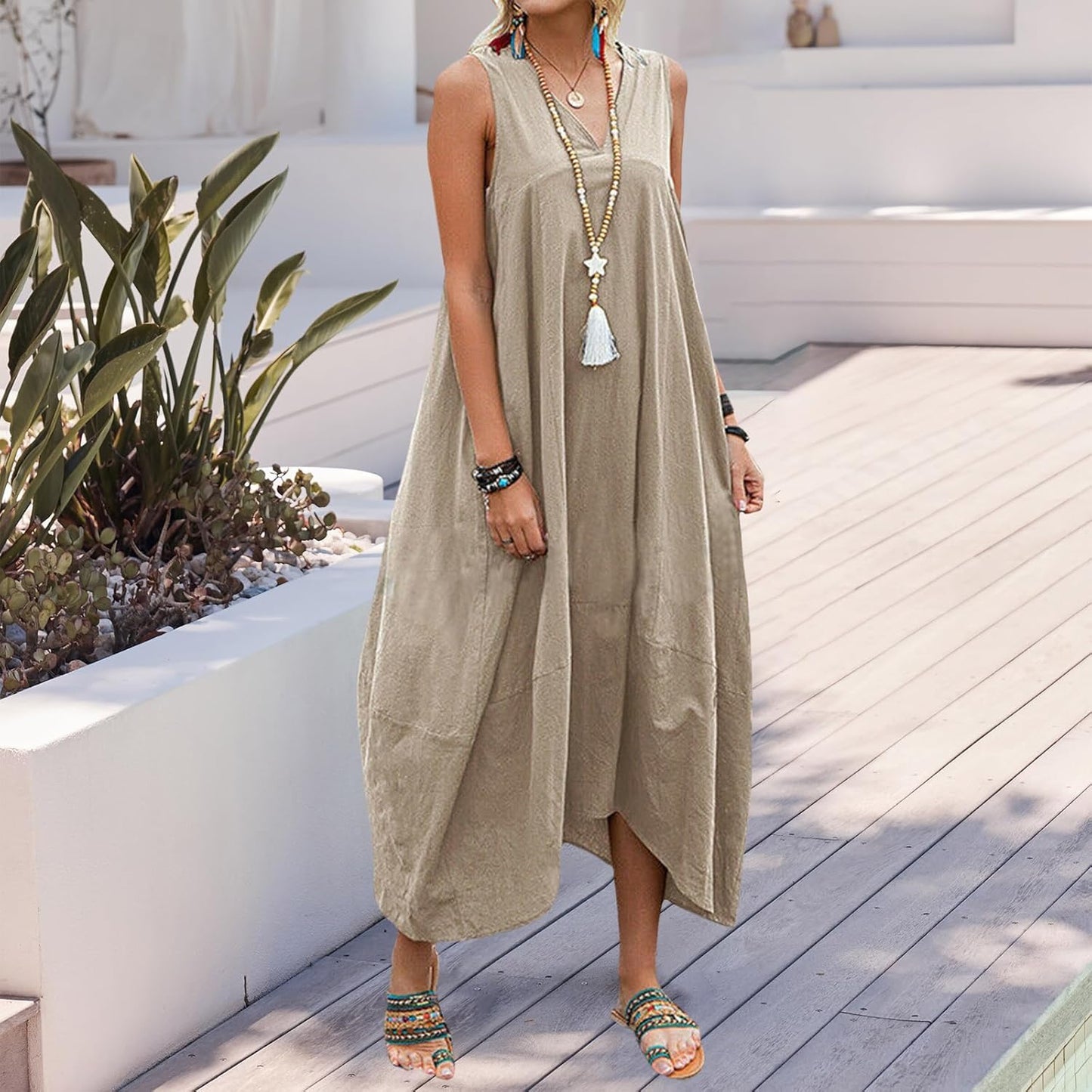 Bejirog Linen Tank Dress for Women, Long Flowy Loose Maxi V Neck Sleeveless Casual Summer Beach Vacation Dress with Pockets