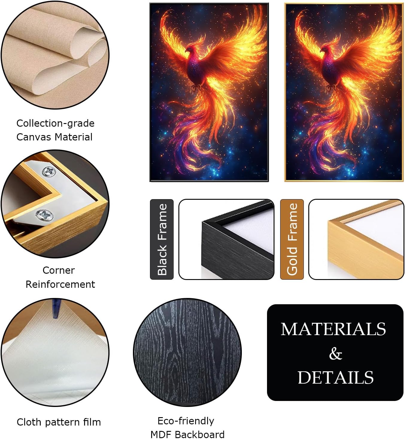 JiffPom Phoenix Rising Canvas Wall Art, Phoenix Canvas Wall Art, Phoenix Fire Bird Wall Art, Mythical Canvas Wall Art, Fantasy Phoenix Wall Decor, Inspirational Home Decor, Office Wall Art (Gold Framed, 32"x48" | 82x122cm)