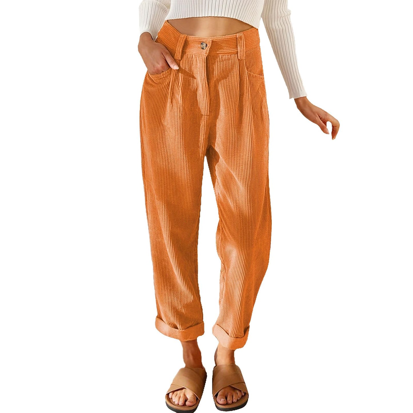 Reigee Womens Premium Corduroy Pants High Waist Wide Leg Trousers with Pockets Button Closure Elastic Waistband Casual Straight