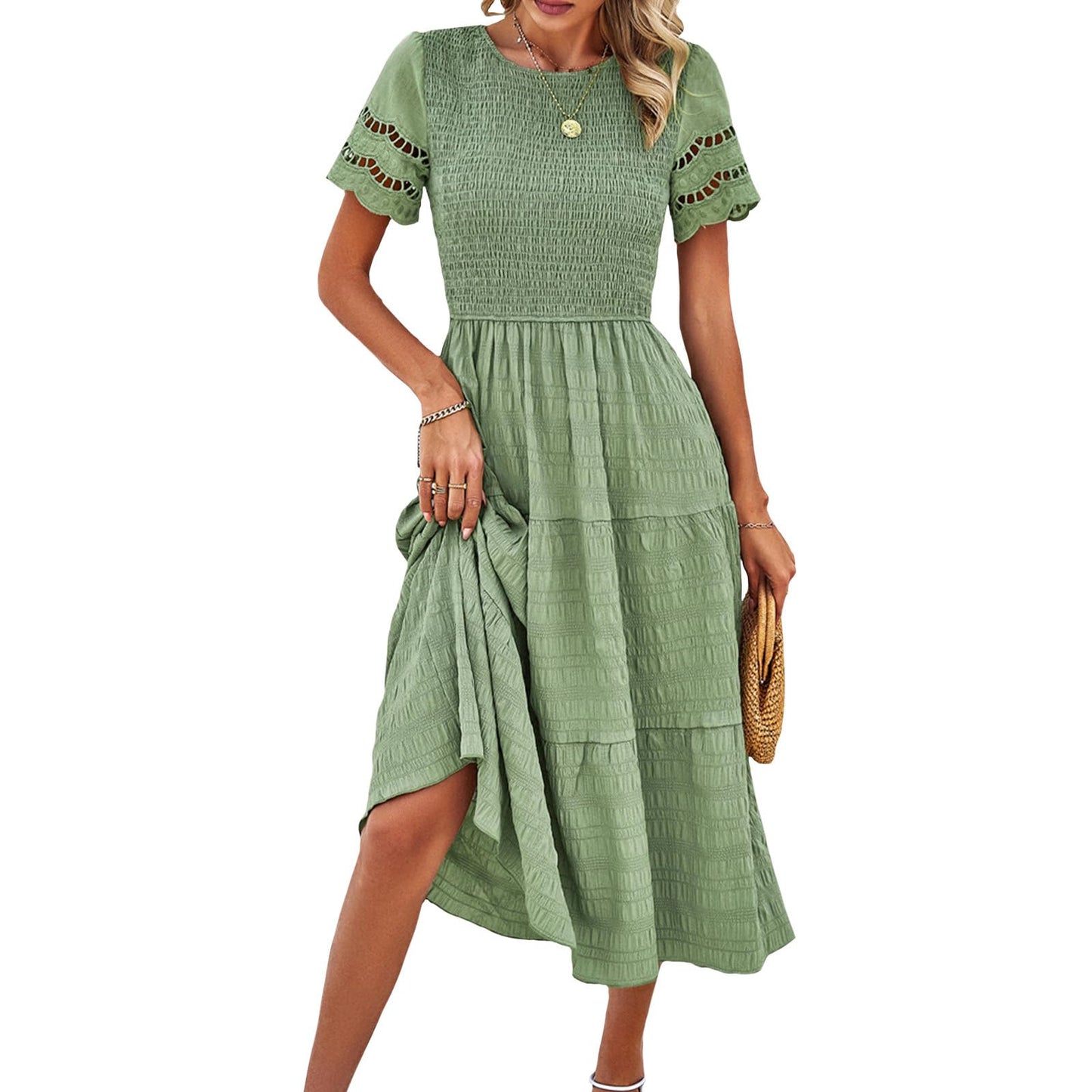NAILONG Women's Hollow Out Smocked Tiered Ruffle Dress Crew Neck Short Sleeve Flowy Midi Dress Summer A Line Sun Dress