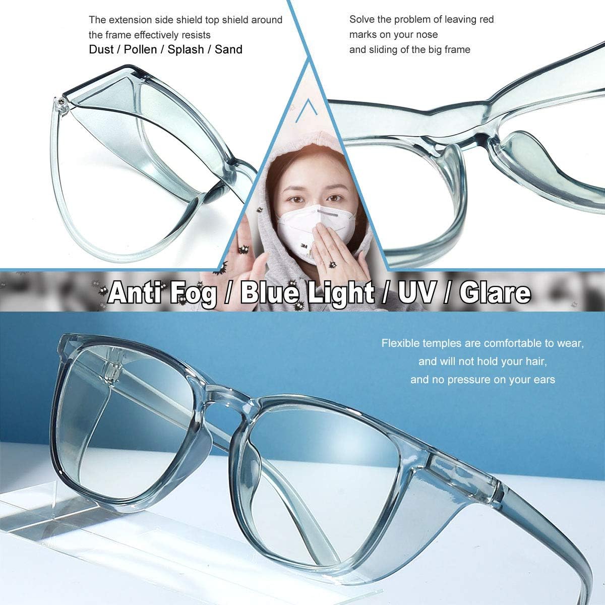 JiffPom Safety Glasses Goggles Clear - Square Anti Fog Blue Light Blocking Eyewear with Side Shields UV Protection for Lab Eye Protection Debris splash