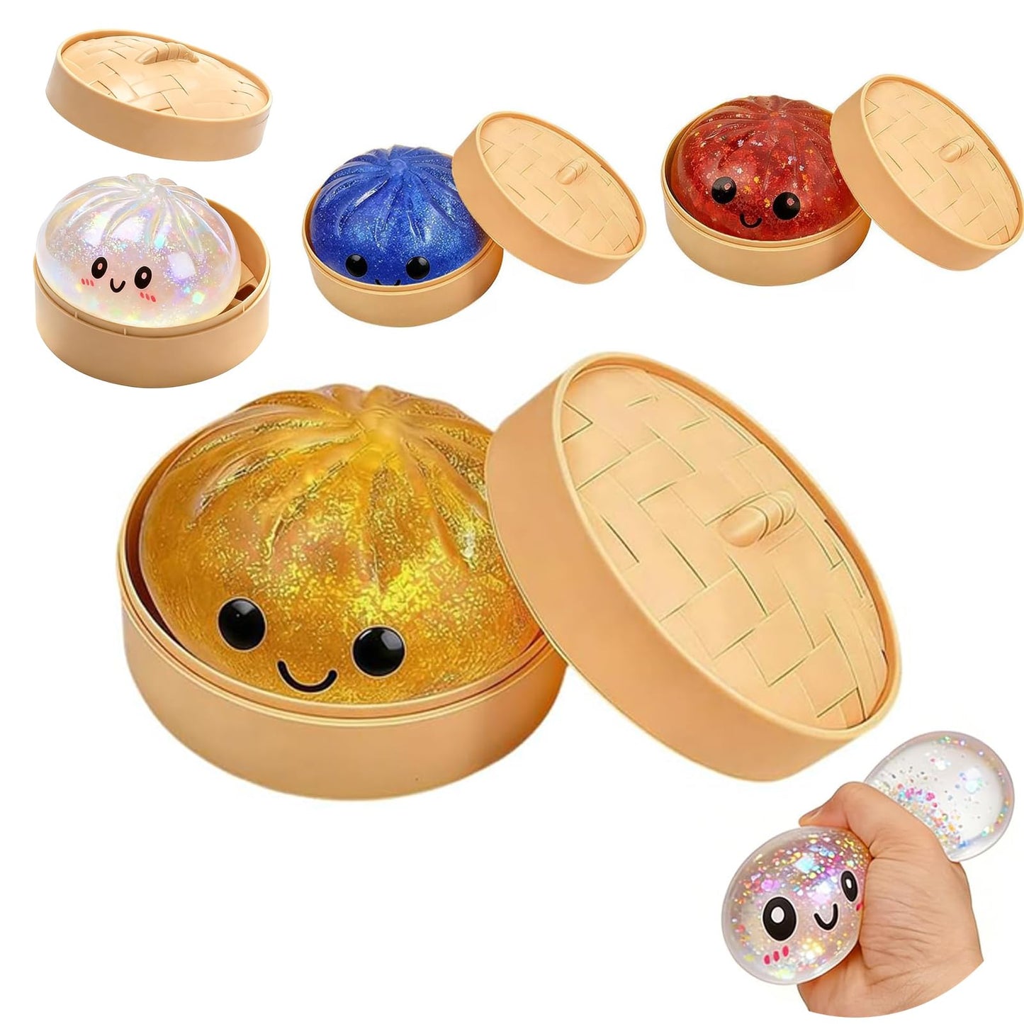 Kribee Glitter Dumpling Squishy-Giant Dumpling Squishy Fidget Toy with Steamer Case,Mega Rainbow Slow-Rising Sensory Decompression Toy, Thermoplastic Rubber, Stress Relief for Adults (Red)