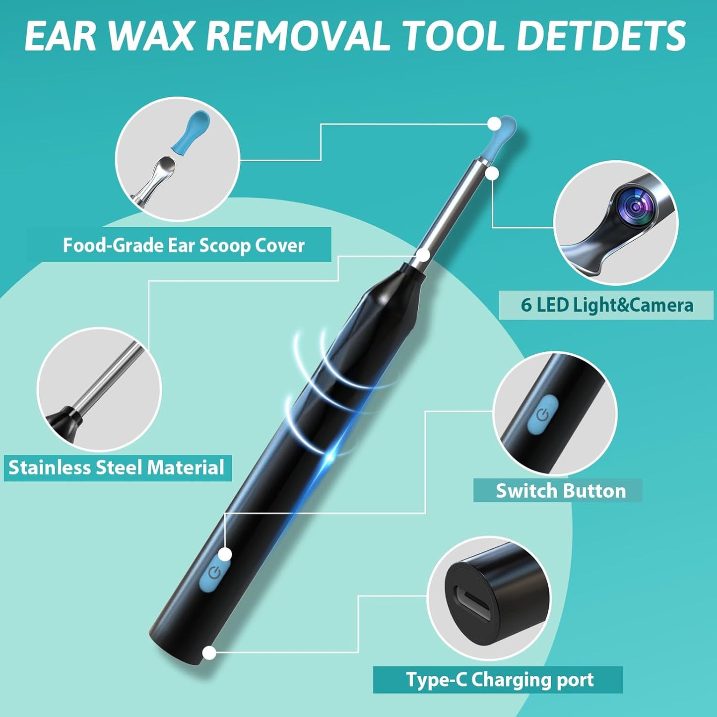 gukoo Wireless Visual Ear Pick FDA Eligible Ear Wax Removal Kit with 6 Ear Spoon Covers Ear Cleaner with Camera Compatible with iOS and Android Systems for Kids, Adults & Pets, Black Color