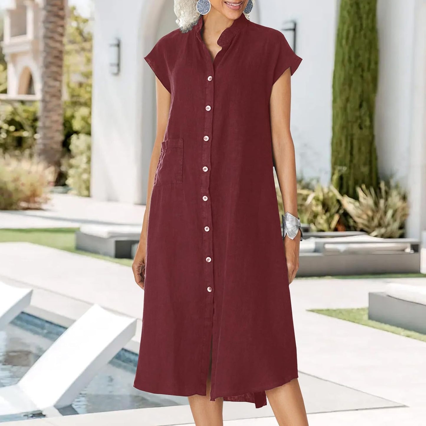 NAILONG Linen Button Up Shirt Dress for Women, Cap Sleeve Summer Casual Flowy Beach Vacation Linen Midi Dress with Pockets