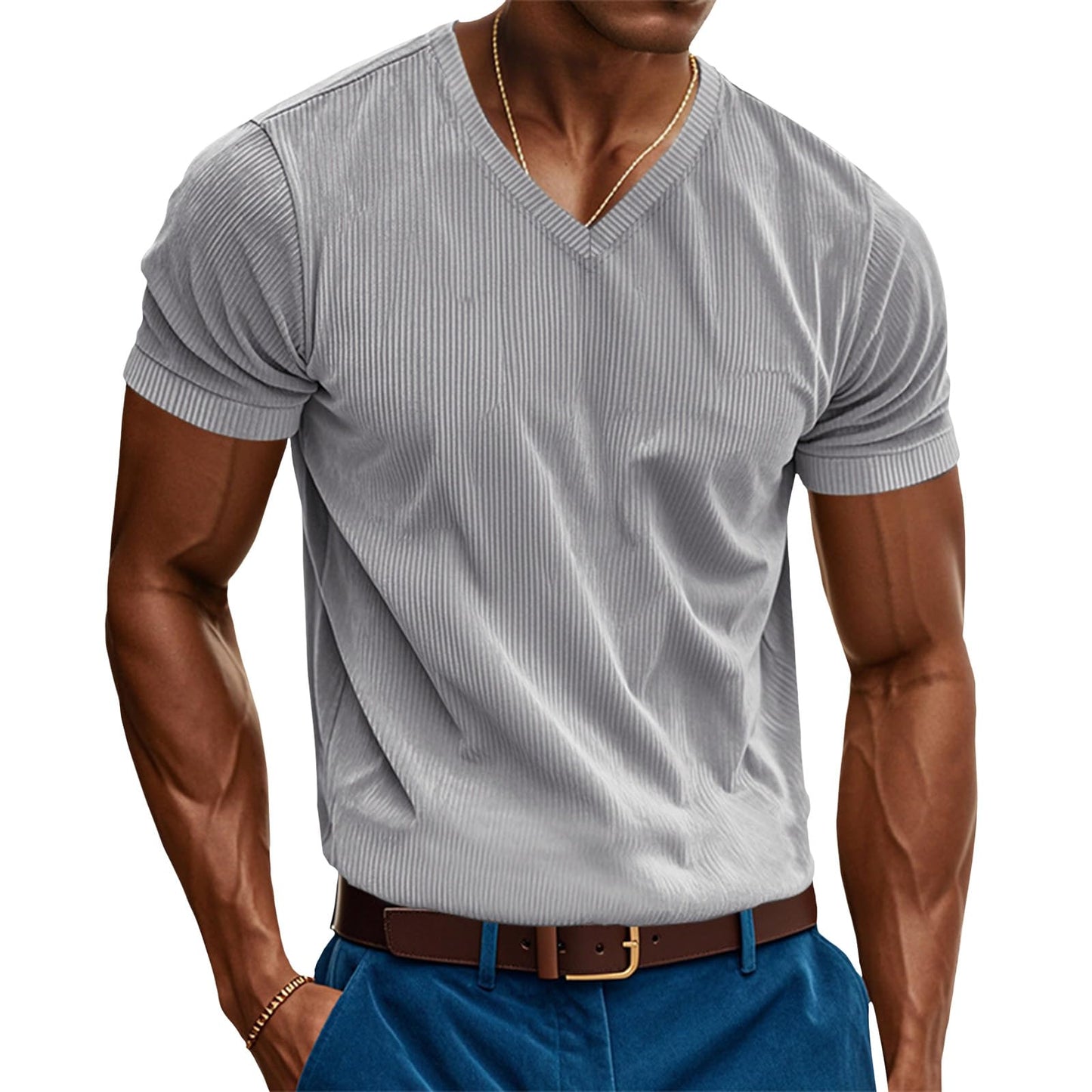 Reigee Slim Fit T Shirts for Men 2025 Spring V Neck Short Sleeve Ribbed Knit Corduroy Shirts Solid Casual Business Tops