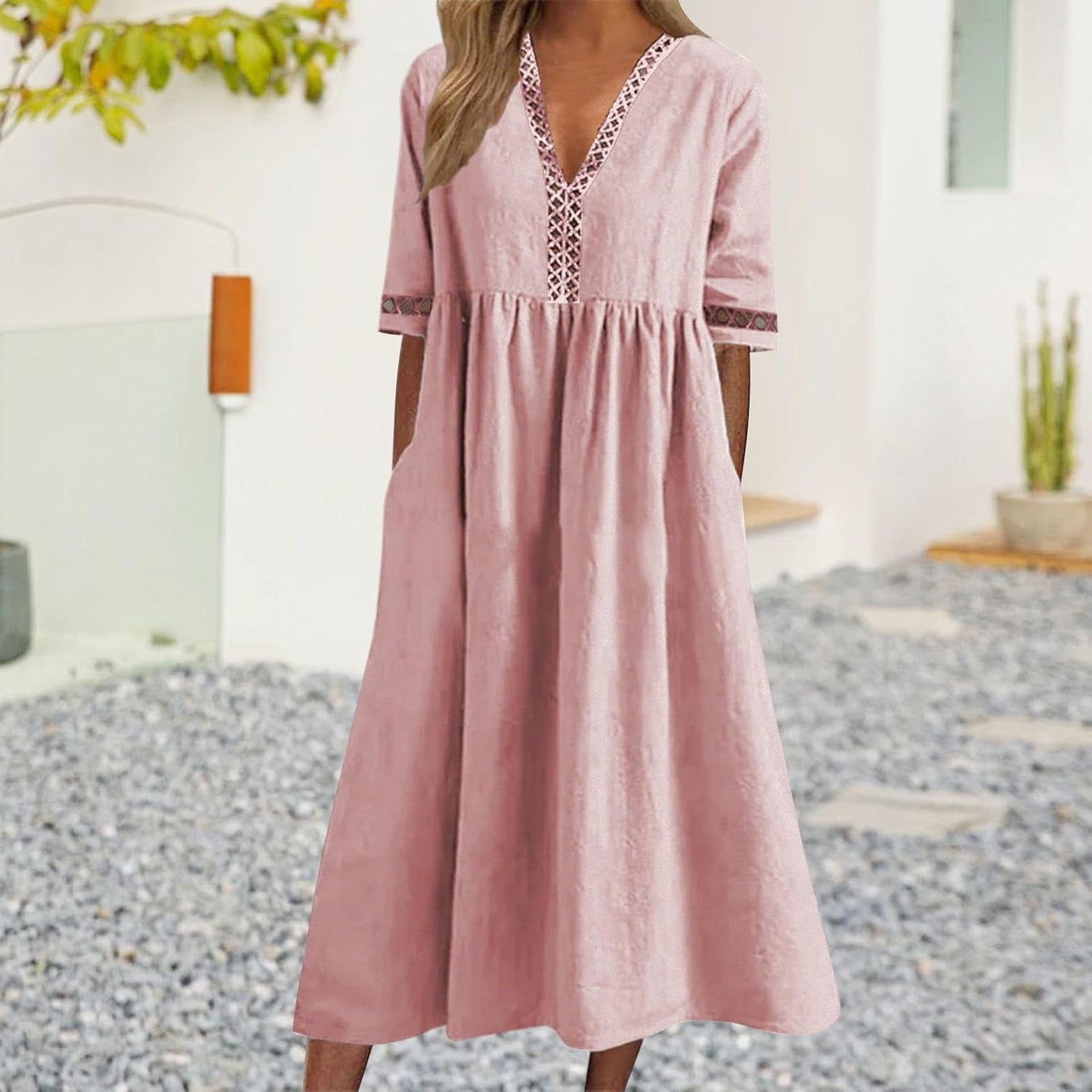 FONDBERYL Women's Cotton V Neck Long Flowy Loose Dress, Short Sleeve Plus Size Elegant Casual Wedding Guest Sun Dress 2026