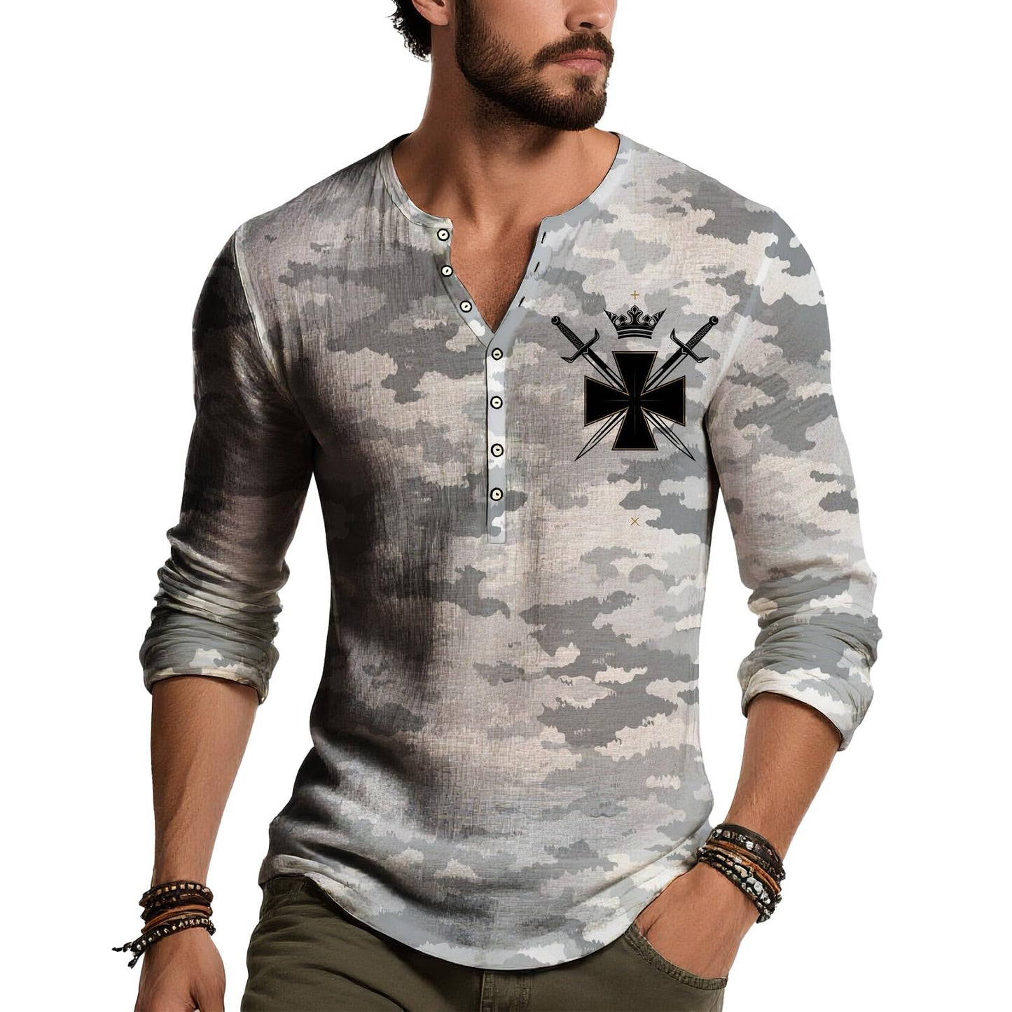 JiffPom Distressed Henley Tshirts for Men Pullover Long Sleeve Button Up T-Shirts Vintage Graphic Tees Washed Streetwear Tops
