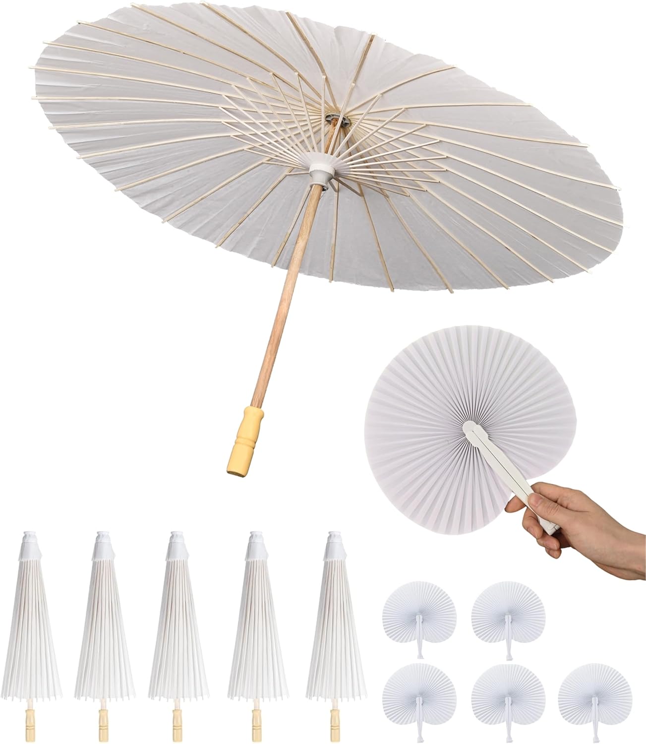JiffPom 33 Inch White Paper Umbrella with Folding Heart Fan – Chinese Japanese Style Parasol for DIY Painting, Wedding, Bridal Shower, Photography, Party Decoration