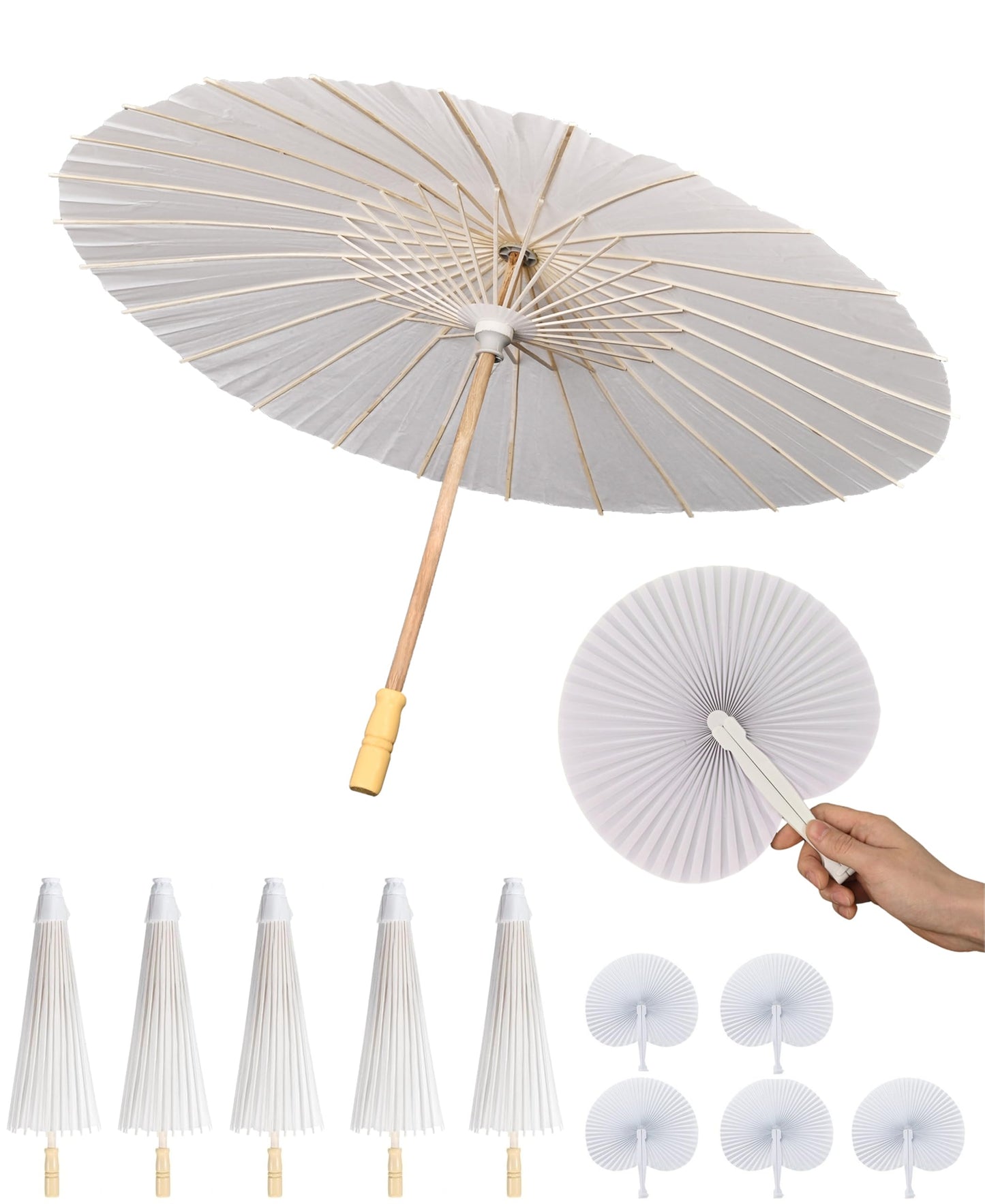 JiffPom 33 Inch White Paper Umbrella with Folding Heart Fan – Chinese Japanese Style Parasol for DIY Painting, Wedding, Bridal Shower, Photography, Party Decoration