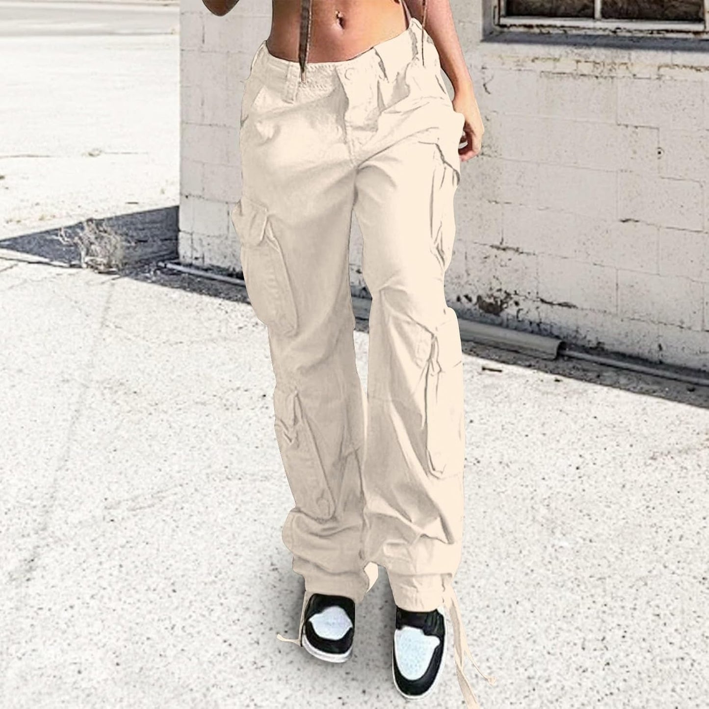 Reigee Womens Low Waisted Cargo Pants with Pockets, Y2K Baggy Stretchy Jeans for Women Streetwear Casual Straight Leg Cargo Trousers