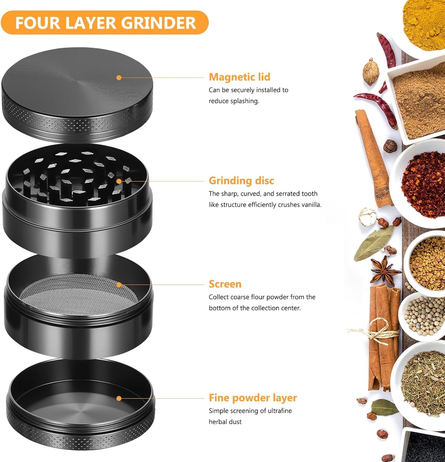 Kribee Metal Herb Grinder, Manual Spice Grinder Manual Herbal Grinders, Hand Grinders with Sifter and Magnetic Top for Kitchen Dry Herb and Spice Mills