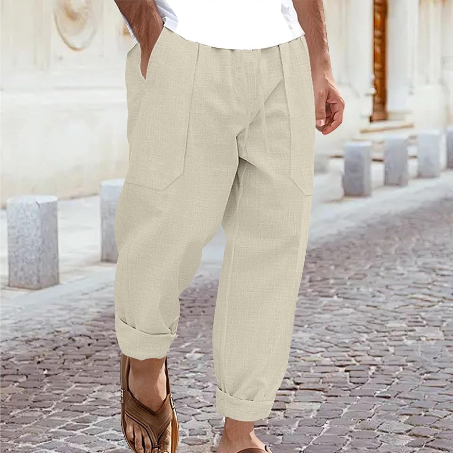 gukoo Linen Pants Men Summer Lightweight Casual Relaxed Fit Elastic Waist Yoga Travel Vacation Beach Pants with Pockets