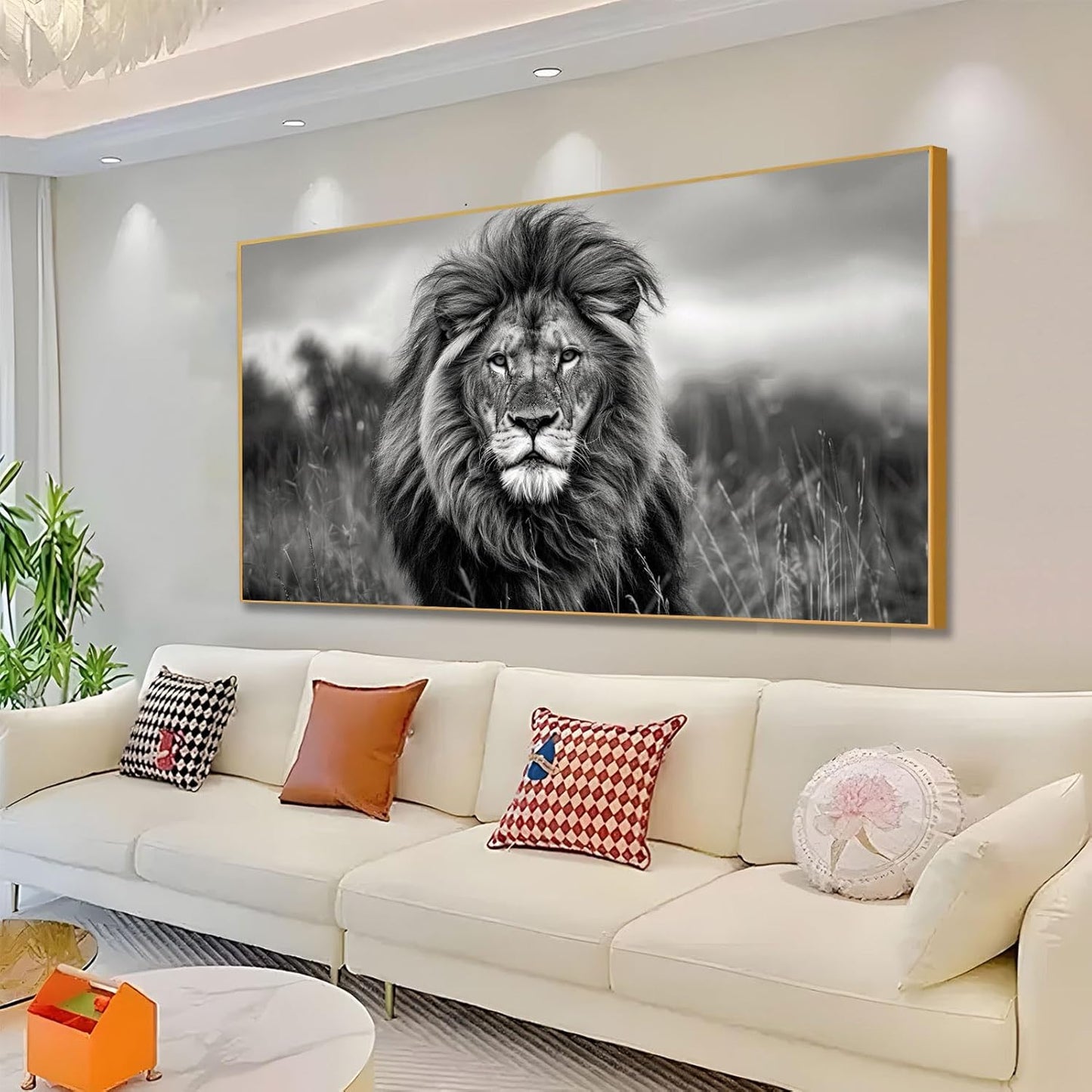 JiffPom Lion Canvas Wall Art, Lion Pictures Wall Decor, African Wildlife Canvas Wall Art, Animal Posters, Black And White Art Prints, Farmhouse Decor, Home Decor Living Room (Black Framed, 48"x27"|122x68cm)