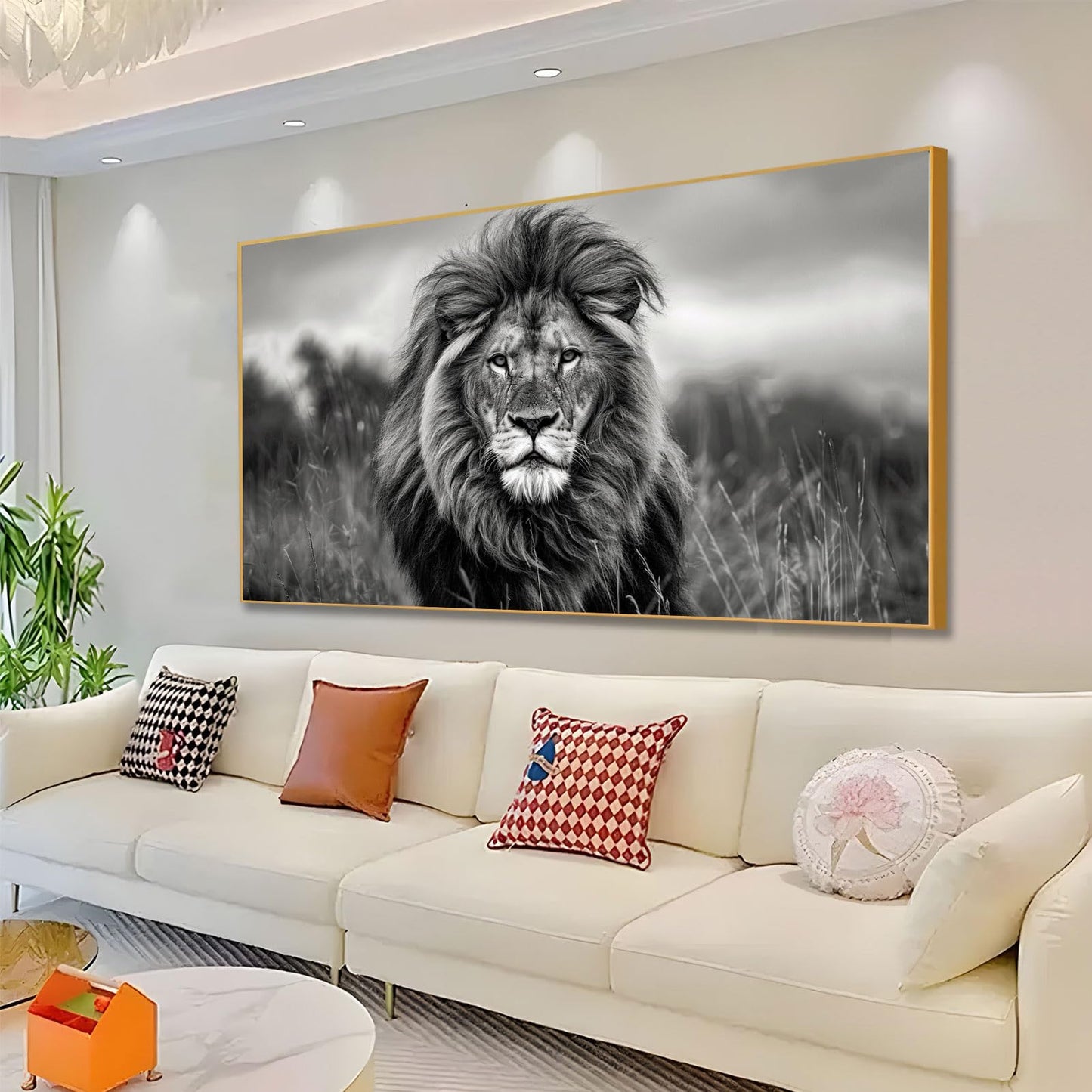 JiffPom Lion Canvas Wall Art, Lion Pictures Wall Decor, African Wildlife Canvas Wall Art, Animal Posters, Black And White Art Prints, Farmhouse Decor, Home Decor Living Room (Black Framed, 48"x27"|122x68cm)
