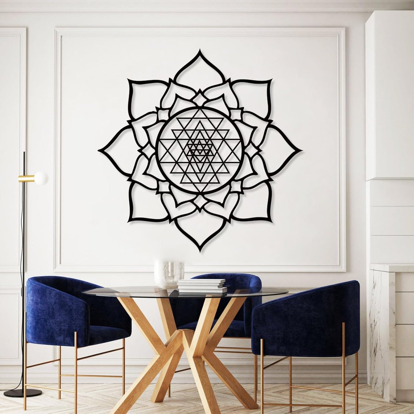 JiffPom Metal Wall Decor, Sacred Geometry Wall Art, Sri Yantra Metal Wall Art, Lotus Wall Decor Metal, Mindfulness Metal Art, Meditation Wall Art, Spiritual Wall Decor, Living Room Wall Decor (39"x39" | 100x100cm, White)