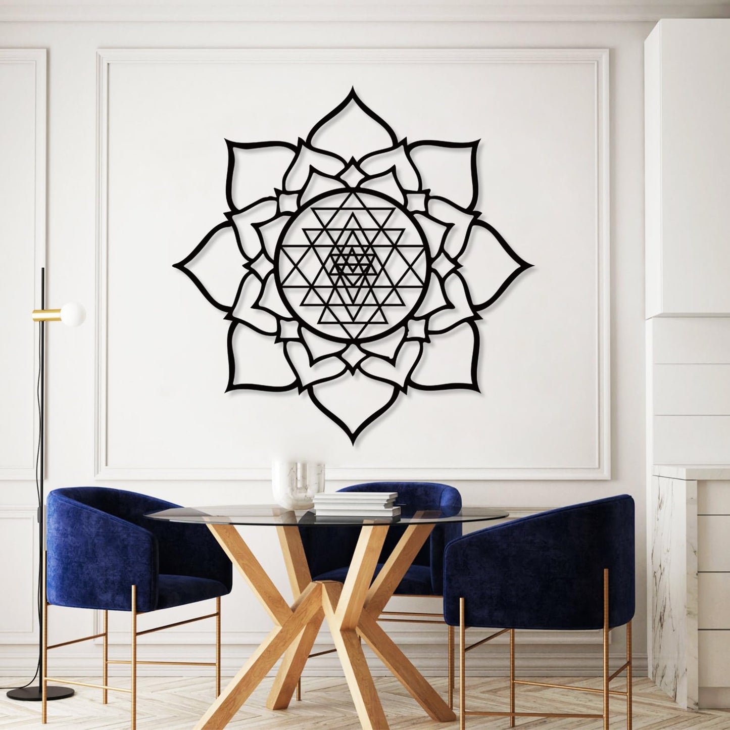 JiffPom Metal Wall Decor, Sacred Geometry Wall Art, Sri Yantra Metal Wall Art, Lotus Wall Decor Metal, Mindfulness Metal Art, Meditation Wall Art, Spiritual Wall Decor, Living Room Wall Decor (39"x39" | 100x100cm, White)